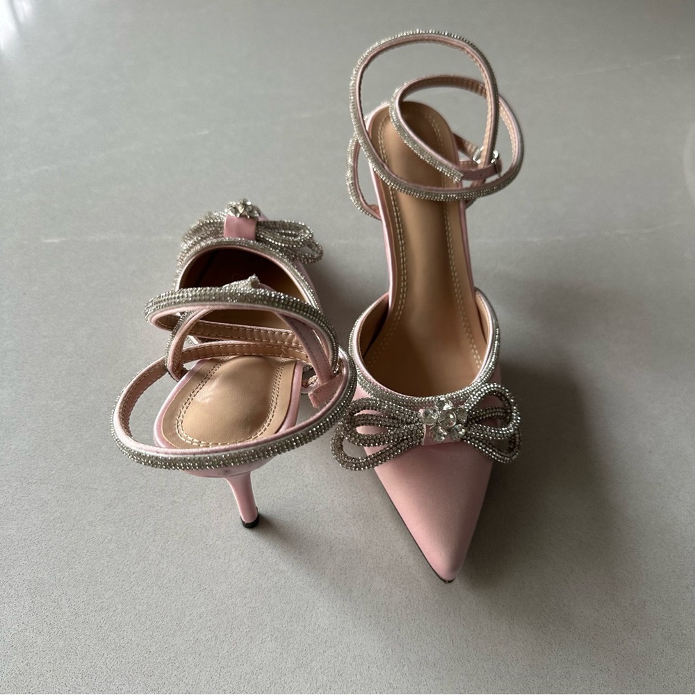 Light Pink Satin & Rhinestones Heels with Ankle Strap - Size 39 (US 8.5) - Picture 2 of 4
